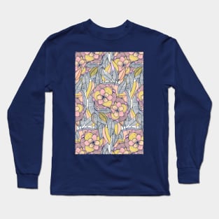 Pink and Peach Linework Floral Pattern Long Sleeve T-Shirt